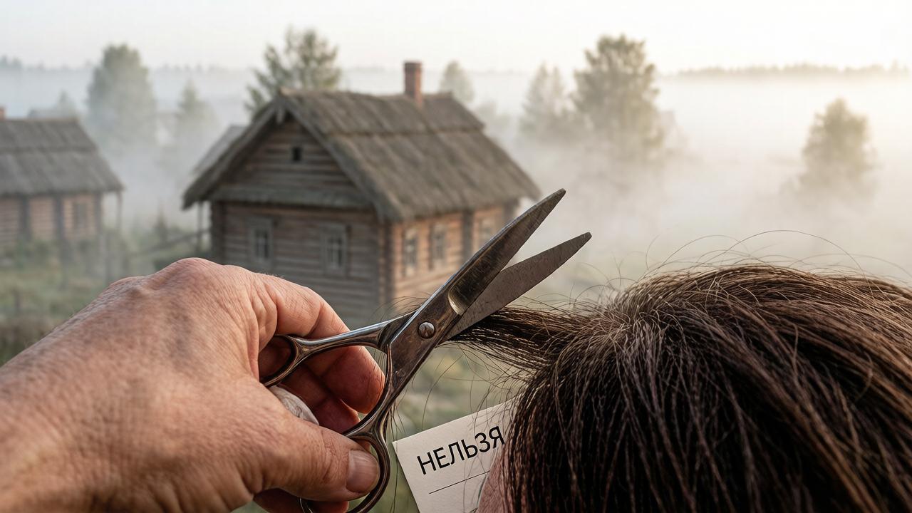 Руки с ножницами и записка «Нельзя» на фоне деревенской избы — иллюстрация к запретам Кочанного дня.